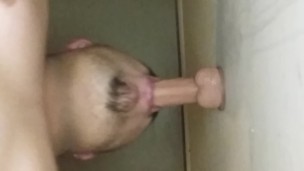 Chubby boy deep throats his dildo