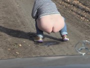 Pissing on the road in front of the car taking off panties mature bbw milf with a hairy pussy