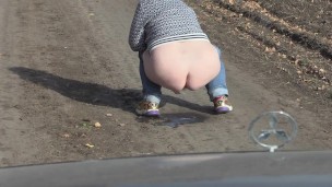 Pissing on the road in front of the car taking off panties mature bbw milf with a hairy pussy