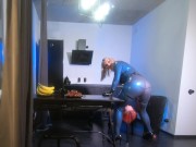 Lesbian strapon suck in latex rubber, curvy Mistress playing with her toy girl, ass worship fetish 9/16