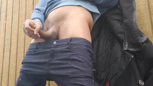 Stroking my Girlcock and Cumming Outside in the Snow