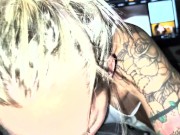 Blonde deeply sucks cock, moaning in her throat while fucking him with her mouth 1/16