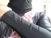 Pink wig and black spandex bodysuit fetish