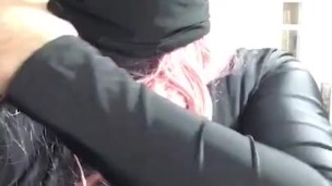 Pink wig and black spandex bodysuit fetish