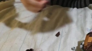 Nerdy gurl plays with legos in stockings
