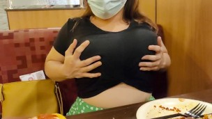 Sexy Busty Girl Teasing Flashing Pussy and Tits in Public After Eating in Pizza Restaurant