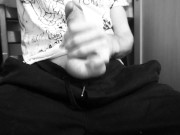 Hot guy in black joggers takes out his cock and jerks it off