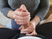 Deeply satisfying oily handjob,  but ruined as she decides to block his cumshot with her thumb. 