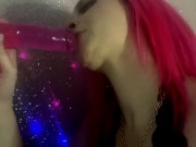 Glitterdemon OnlyFans teaser compilation. Pink hair egirl slut sucks dildo and squirts