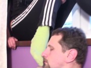 blond model want him sniff her green socks 6/16