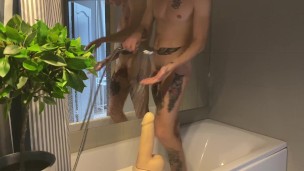 Fucked his tight hole with a big dildo