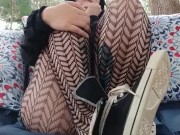 Smokes a cigarette and teases with fishnets and daisy dukes outside 2/16