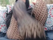 Smokes a cigarette and teases with fishnets and daisy dukes outside 4/16