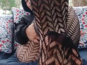 Smokes a cigarette and teases with fishnets and daisy dukes outside 9/16