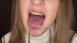 Drooling in glass. Uvula show