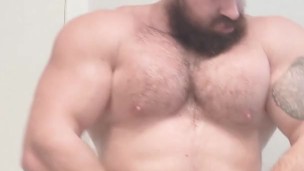 Bodybuilder Sweaty Naked Flex Before Shower. Beefy Big Hairy Musclebear Alpha Hung Cock Bull Cocky 