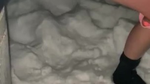 Wife exits hot tub in bikini, removed her bottoms to go pee in the snow in our backyard. Steamy piss
