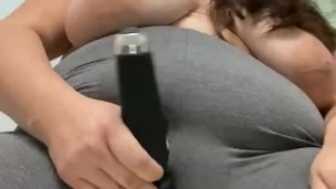 Nicole masturbates and leaks through grey leggings 