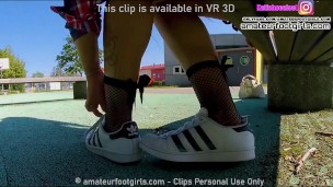 Kati me sweaty adidas Superstars fishnet socks shows you her sweaty insoles and stinky feet shoeplay