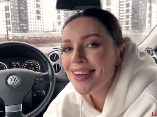 Hot blowjob in the parking lot with cum swallowing