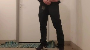 Risky wanking in front of neighbor's door
