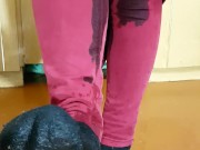 Cutie soak her red denim jumpsuit and splashing in the puddle 10/16