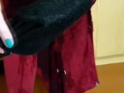 Cutie soak her red denim jumpsuit and splashing in the puddle 12/16