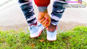 Katis Nike shoeplay, dipping, dangling with sweaty nylons Nikes, insoles, stinky feet
