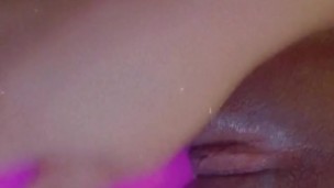Black girl with creamy pussy uses pink vibrator 