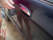 A lady masturbates in a car in a parking lot Teasing a clit with a dildo 5/16