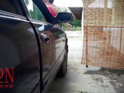 A lady masturbates in a car in a parking lot Teasing a clit with a dildo 3/16