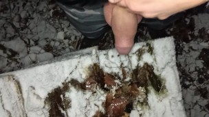 Touching snow with cock , pee and cum in snow