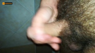 Hairy guy with tight foreskin jerks off and cums