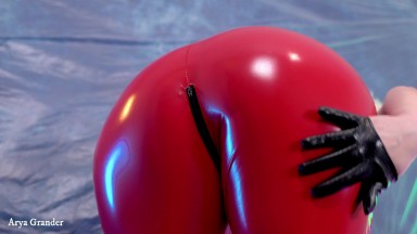 Hot PVC teasing, fetish beautiful video. Mistress Arya Grander in red vinyl clothing.