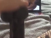 Fucking my tiny pussy with moms huge bbc dildo while watching gangbang porn