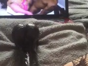 Fucking my tiny pussy with moms huge bbc dildo while watching gangbang porn 12/16