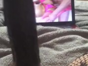 Fucking my tiny pussy with moms huge bbc dildo while watching gangbang porn 13/16