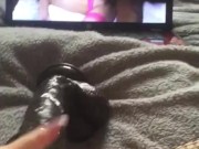 Fucking my tiny pussy with moms huge bbc dildo while watching gangbang porn 16/16