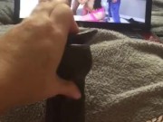 Fucking my tiny pussy with moms huge bbc dildo while watching gangbang porn 4/16