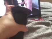 Fucking my tiny pussy with moms huge bbc dildo while watching gangbang porn 9/16