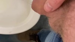 Small uncut cock pissing in public bathroom
