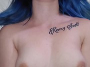 POV step sis close up blow job, cum all over tits and face of blue haired babe 