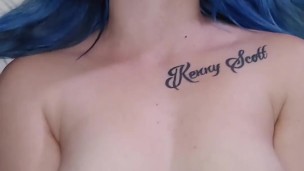 POV step sis close up blow job, cum all over tits and face of blue haired babe 