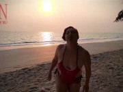 Nice lady at lonely nudist beach. Red swimsuit. Red bikini. Coconut 14/16