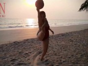 Nice lady at lonely nudist beach. Red swimsuit. Red bikini. Coconut 2/16