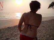 Nice lady at lonely nudist beach. Red swimsuit. Red bikini. Coconut 3/16