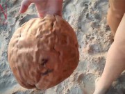 Nice lady at lonely nudist beach. Red swimsuit. Red bikini. Coconut 6/16