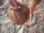 Nice lady at lonely nudist beach. Red swimsuit. Red bikini. Coconut 7/16