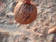Nice lady at lonely nudist beach. Red swimsuit. Red bikini. Coconut 8/16