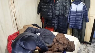 Handjob and cumshot with my down jacket